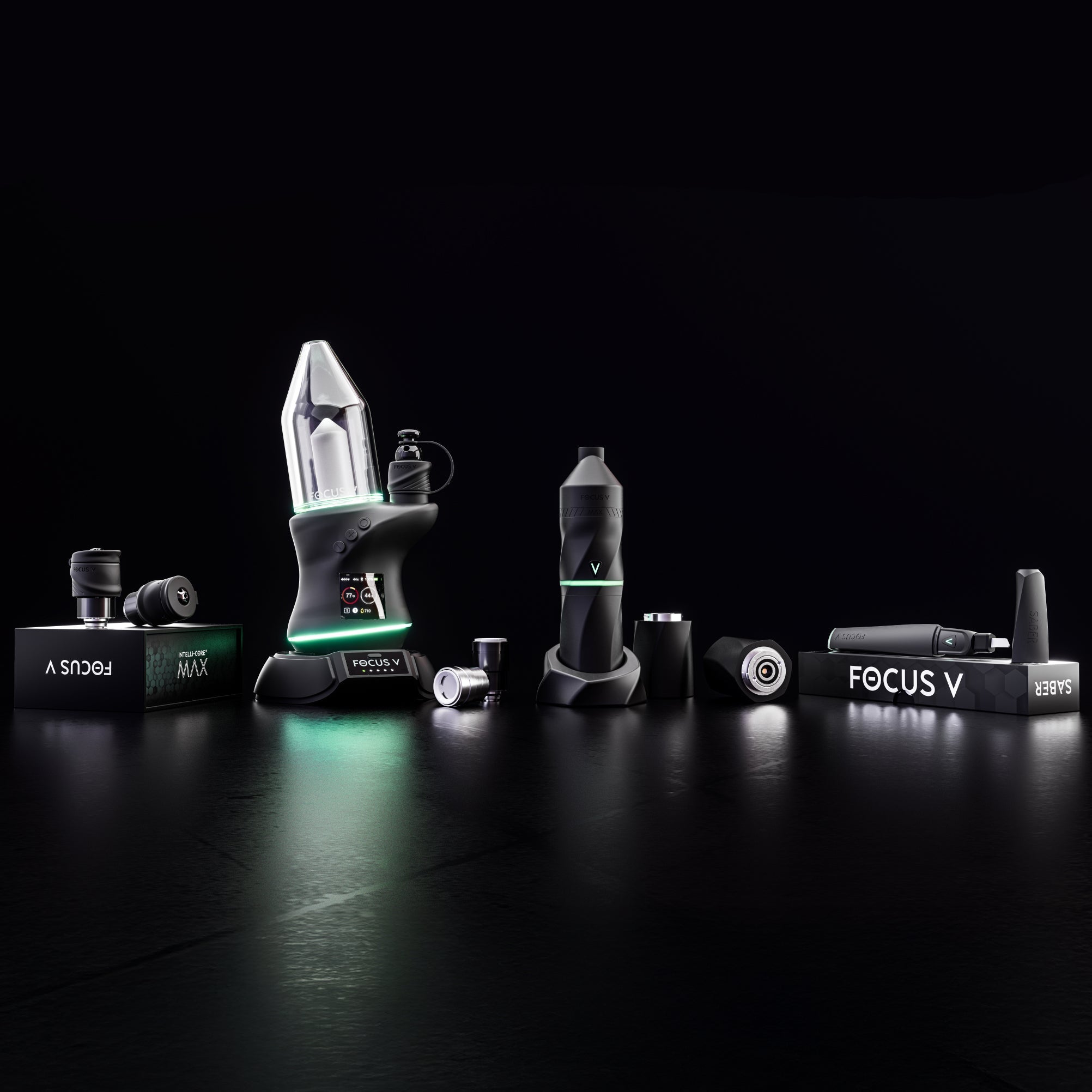 Focus V electric dab rigs collection featuring CARTA 2 and AERIS, showcasing sleek, modern designs with advanced technology for oil and herb concentrates.