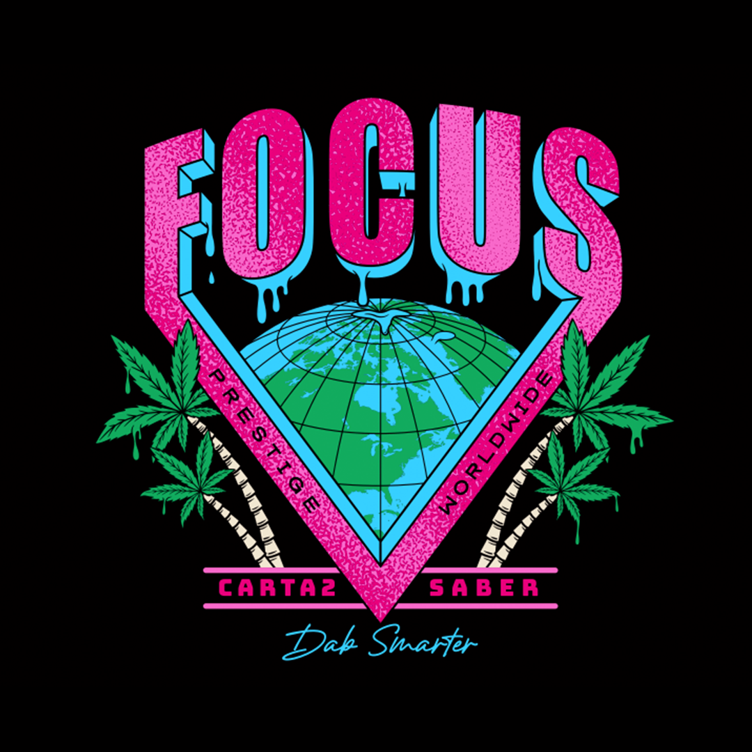 Focus V Prestige Worldwide screensaver — retro pink and blue design with palm trees and a glowing globe. Perfect Focus screensaver for your CARTA device or Focus V app.