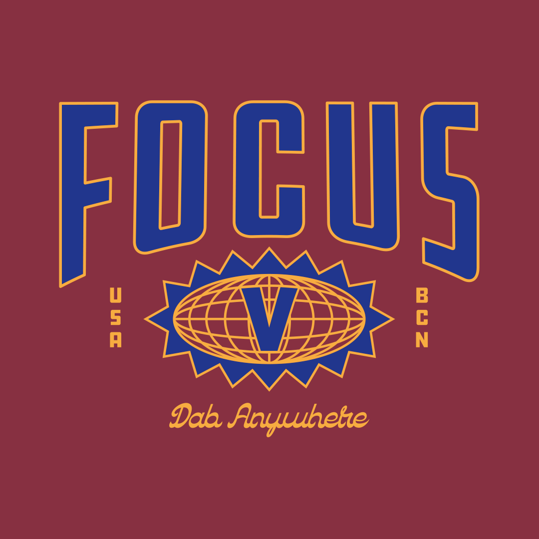 Focus V Dab Anywhere Barcelona Edition — red and gold typography on a burgundy background. Perfect Focus screen wallpaper for CARTA users.